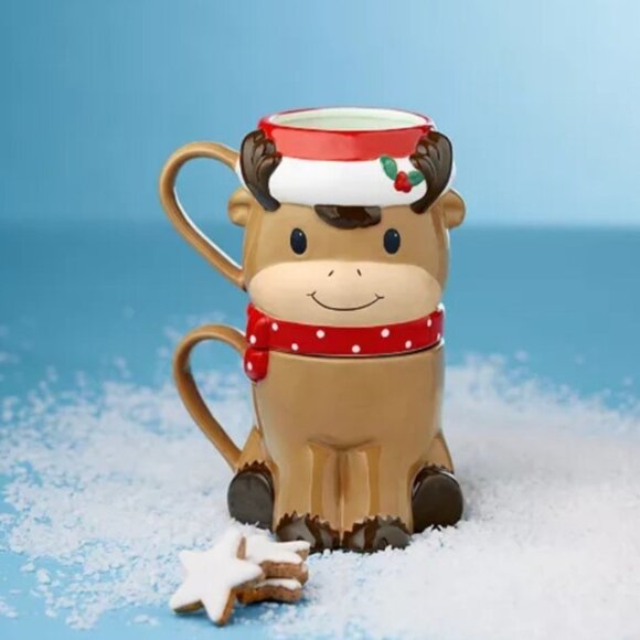 Holiday Lane Christmas Reindeer Themed Stackable Ceramic 2 PC Mug Set New in Box - Picture 8 of 9